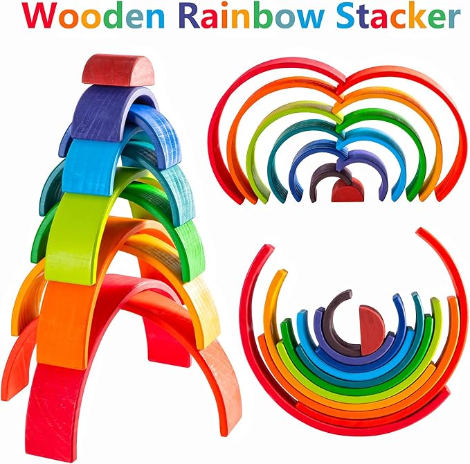 Wooden Rainbow Stacking Toy - 12 Pieces Extra Large Montessori Wooden Stacking Arch Educational Toys, Nesting Puzzle Building Blocks for Kids Toddlers (Rainbow Stackers)