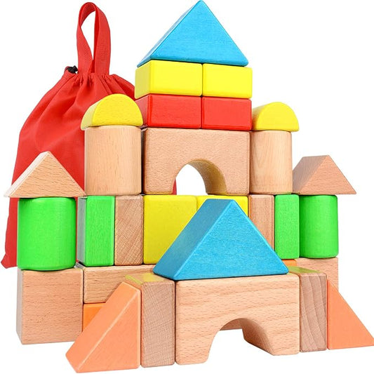Migargle Large Wooden Building Blocks Set - Educational Preschool Stacking Toys with Storage Bag, Toddler Gifts for Boys Girls Ages 3+