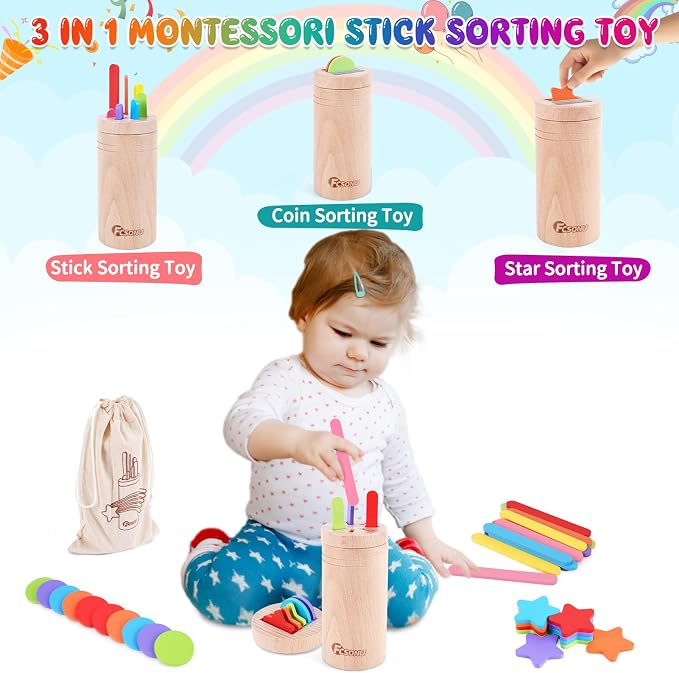 FCSONU Montessori Sorting & Fine Motor Skills Toys for Toddler 1-3(Pen Box) | 3in1 Sorting Box | Coin Box Toy, Learning Color Sorting Toys Sensory Toys, Easter Christmas Birthday Gifts for Boys Girls Kid