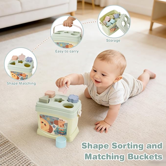 Baby Toys 6-12 Months,Montessori Toys for Babies,Stacking Cups,Shape Sorter | Sorting & Stacking Toys, Sensory Balls, Silicone Teething Toys for 6+ Months, Newborn Toys, Neutral Color Gift for Boys Girls