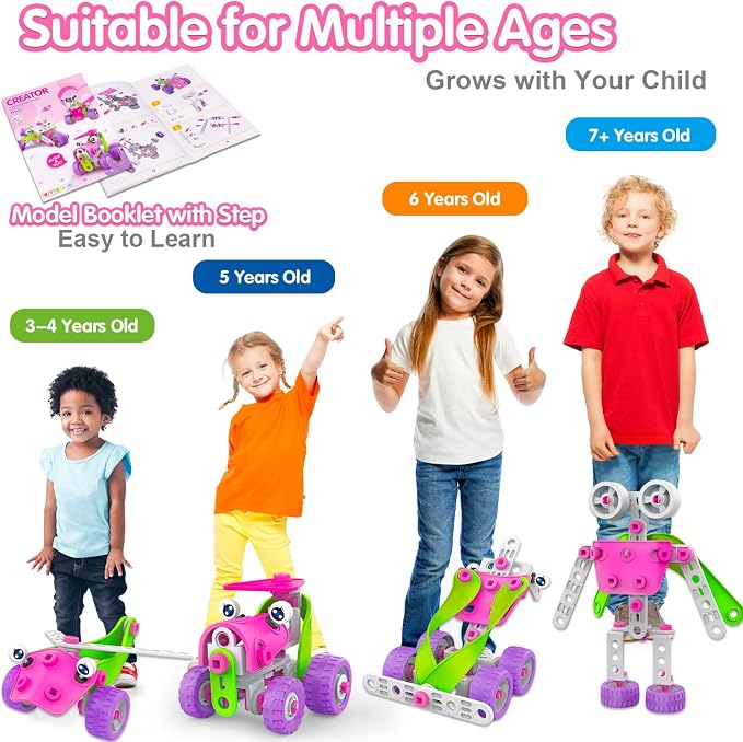 Tsomtto Educational STEM Toys for 4 5 6 7 8+ Year Old Girl Birthday Gifts | Pink Building Toys Stem Kits Activities for Kids Ages 4-8 5-7 8-10 Construction Toys for Girls 4-6 6-8 Creative Games