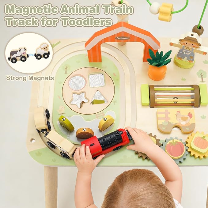 Vanplay Activity Table for 1 2 Year Old Boy Girl Birthday Gifts | 10 in 1 Farm-Themed, Upgraded Large Size, Learning Activities with Fishing/Shape Sorte/ Animal Train Track for Toddler 1-3
