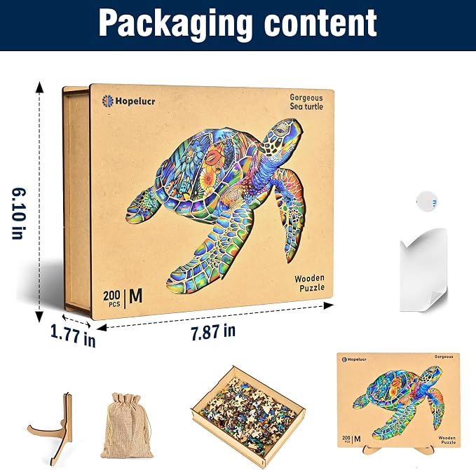 Unique Wooden Jigsaw Puzzles, 200 Pieces Sea Turtle Wood Puzzles for Kids Teens Adults, 11.5" x 11.3" Shaped Pieces, Fun Challenging Family Games for Kids and Teens, Gift Box Included