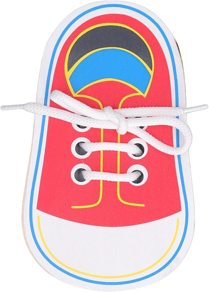 Asixxsix Wooden Lacing Shoe Toy, Learn to Tie Shoelaces Practice for Kids with Fine Motor Skills Development Smooth Threading Board for Toddlers Preschoolers (Lacing and Stringing Toy)