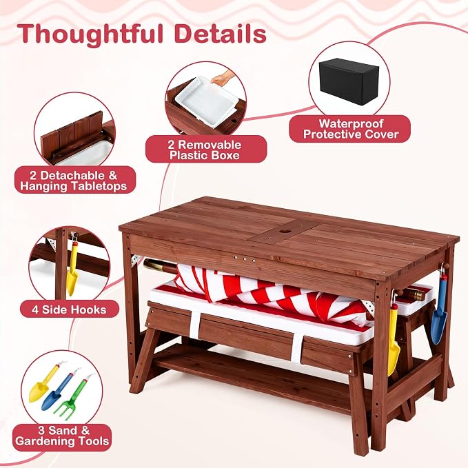 Costzon 4-in-1 Kids Picnic Table with Umbrella, Sand & Water Sensory Bins | Wooden Toddler Outdoor Table with Benches, Cushions, Cover, Gardening Tools, Kids Outdoor Furniture for Patio Backyard