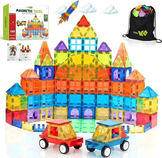 Magnetic Tiles Set 180 PCS with 2 Cars Bases, STEM Educational Magnet Toys for Kids Ages 3-12, Magnetics for Kids & Preschool, Creative Magnetic Building Toys for Boys & Girls