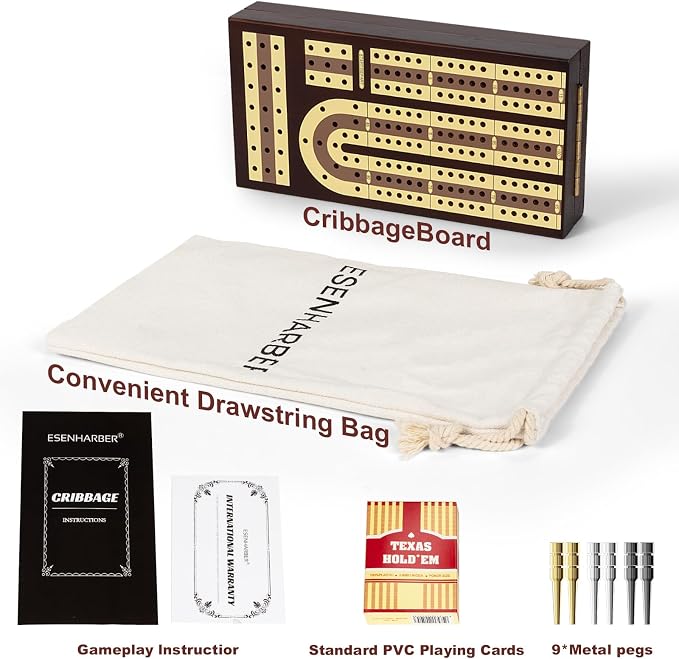 ESENHARBER Foldable Wooden Cribbage Board Set - Elegant 3-Track Design with Magnetic Closure, 9 Metal Pegs, Full Deck of Cards, Perfect for Family Game Nights and Travel