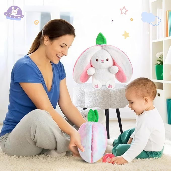 MIAODAM Reversible Strawberry Bunny Stuffed Animal, Cute Plush Rabbit Toy | Cute Funny Bunny Plushie Toy for Babies & Kids, Ideal Easter & Holiday Gift, 7 Inch