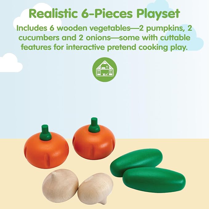 PlanToys® Wooden Fresh Produce Cucumbers, Onions & Pumpkins Sliceable Kids | slicing, knife, fruits and vegetables toys, pretend food, girls, boys, fine motor role play, imaginative social gift set