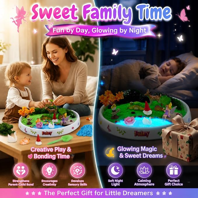 Carolart Spinning Fairy Garden Sensory Bin with Glow Sand Kit | Glow-in-the-Dark Sensory Sand, fairy toys, gifts for girls, rotating sand kit with sensory play for ages 3-8