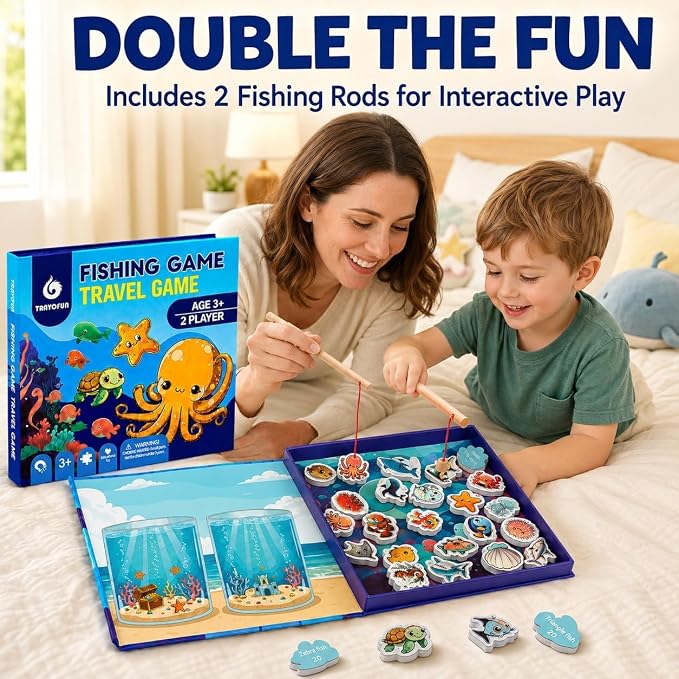 TRAVOFUN Magnetic Fishing Game | Travel Toys for Toddlers 3-5 | Magnetic fishing game with 2 poles and 27 ocean pieces for car rides, airplane activities, long flights, and quiet play.