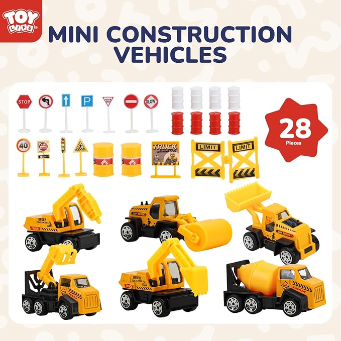 TOY Life 28 PCS Construction Toys for boy Age 3-5, Small Construction Vehicles, Sandbox Toy for Boys, Small Construction Car Truck Excavator Party Favors Gifts for Boys