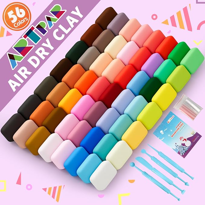 ARTPAR Air Dry Clay 56 Colors,Modeling Clay for Kids,Molding Magic Clay Kit | 4 Sculpting Tools,Soft & Ultra Light,Non Sticky,Bulk Classroom Creative Diy Art And Crafts Party Favors For Boys Girls 3-12