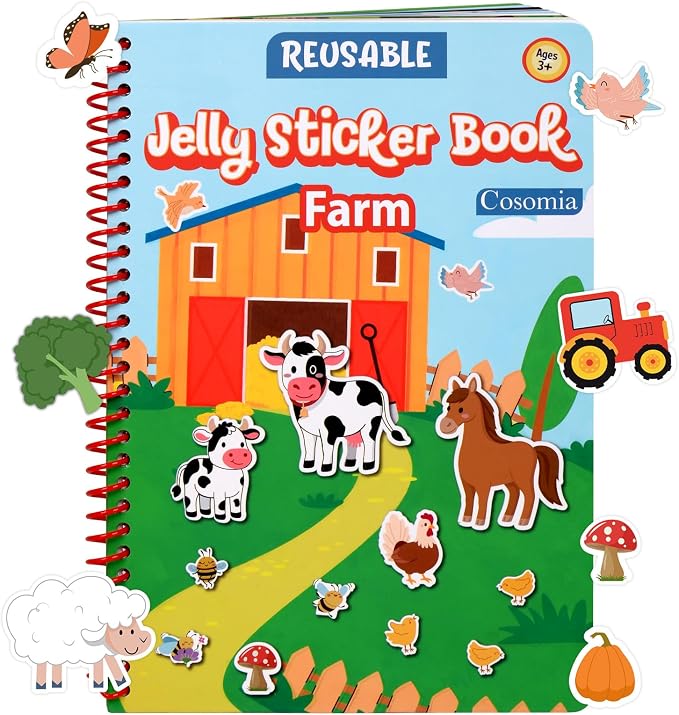 Jelly Sticker Book for Kids 3-5, Reusable Sticker Books for Toddlers | Waterproof Easy to Clean Road Trip Activities, Easter Basket Stuffers & Travel Essentials (Farm)