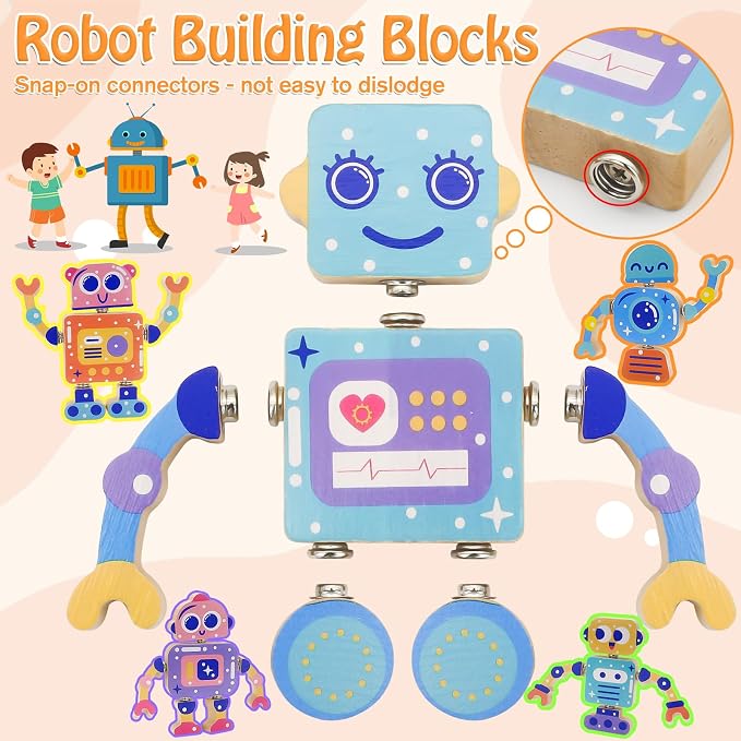 28-Piece Wooden Snap-Together Take-Apart Robot Building Blocks for Kids 3-6 | Mix-and-match heads, bodies, arms and legs for varied creations, fine motor practice, problem-solving and open-ended play