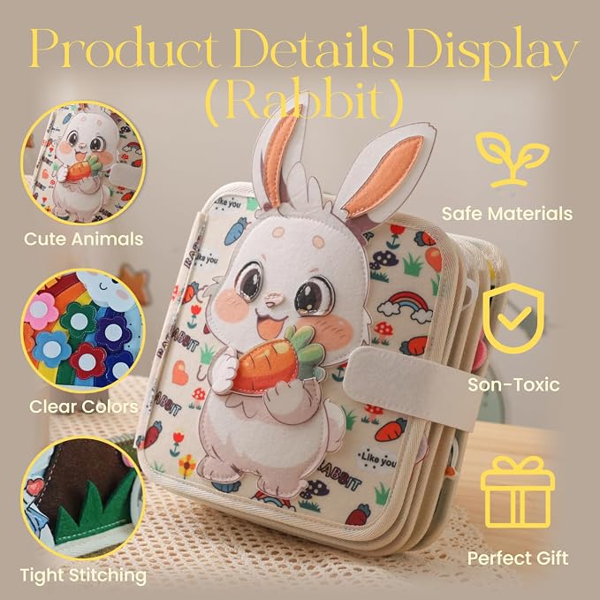 Montessori Forest Animals Busy Book, Airplane Travel Felt Quiet Busy Board for Toddler 1-3, Preschool Kids Learning Activities Sensory Toy to Develop Fine Motor Skills, Boys Girls Birthday Gift (#B)