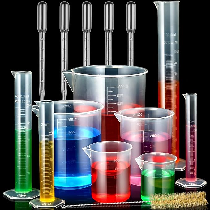 moveland Plastic Graduated Cylinders and Beakers with 5 Pipettes, 10ml 25ml 50ml 100ml Cylinders, 50ml 100ml 250ml 500ml 1000ml Beakers, Ideal for DIY and Kids Science Lab | 10-100ml Cylinders, 50-1000ml Beakers & 5 Pipettes, Food-Grade Shatterproof, A...