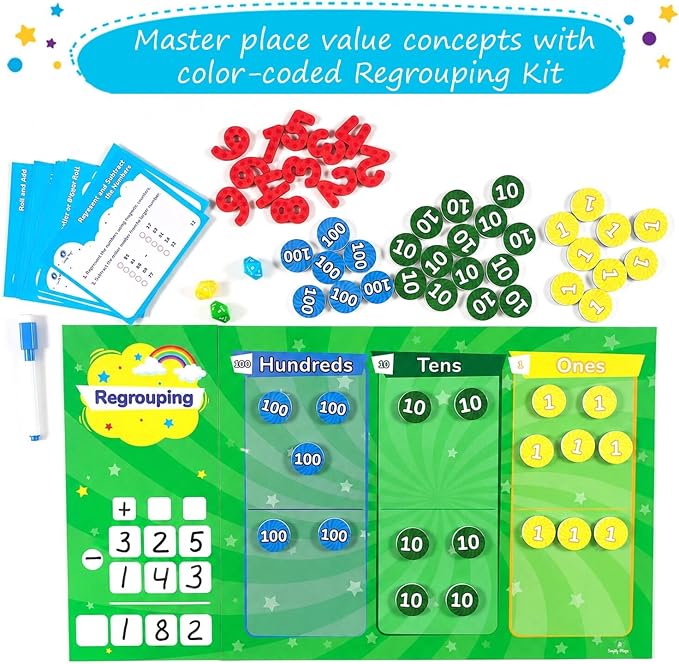 113 PCS Fun Magnetic Regrouping Activities Kit, Place Value - Simply Magic | Place Value Magnets 1st 2nd 3rd 4th Grade, Magnetic Place Value Discs Chips, Magnetic Place Value Chart Mat for Math