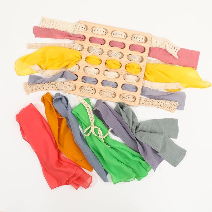 Eray Wooden Busy Board with Play Silks, Montessori Weaving Toy for Kids | Bus Fine Motor Skills Open Ended Toys Lacing and Weaving Toy Preschool Learning Activities