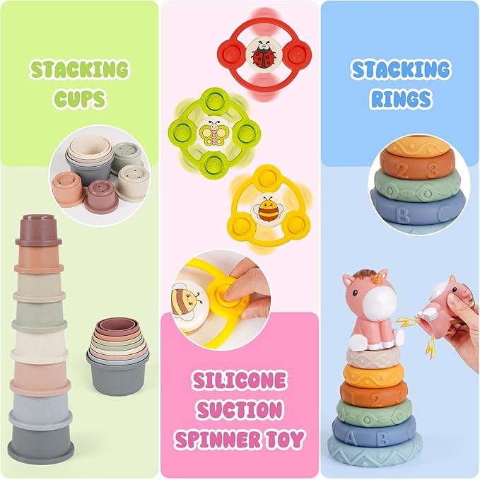 Montessori Toys for Babies 6-12-18 Months 6 in 1 Infant Sensory Baby Toy | Stacking Cups Shape Sorter Box Suction Spinner Building Blocks Stacking Ring Tissue Box Toddler 1 2 3 Year Old Birthday Gift
