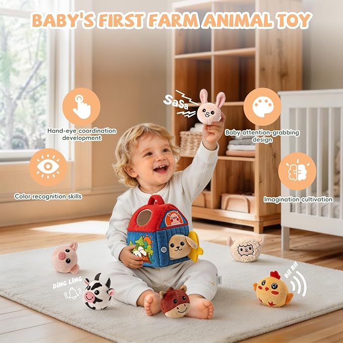 SAIMAND Montessori Farm Toy for Babies, Plush Barn with 7 Soft Animal Toys | Crinkle, Squeaky, Rattle, Mirror, Portable Barn Storage, Fine Motor Play, Multi-Sensory Learning, Gift for Infants & Toddler