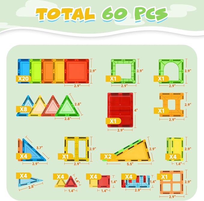 Magnetic Tiles, 60 PCS Magnetic Tiles Building Set, Educational STEM Magnets Tile Toys for Boys Kids Toddlers Ages 3 4 5 6 7 8 9+ Year Old