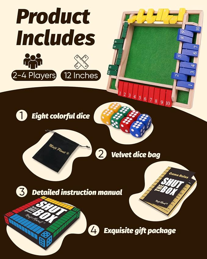 12" Upgraded Shut The Box Game Wooden Math Dice Board Game 2-4 Players | Table Games for Family Night Classroom Travel, Gifts for Group Kid Adult Senior, Camp Party Bar, Easy Quick and Fun