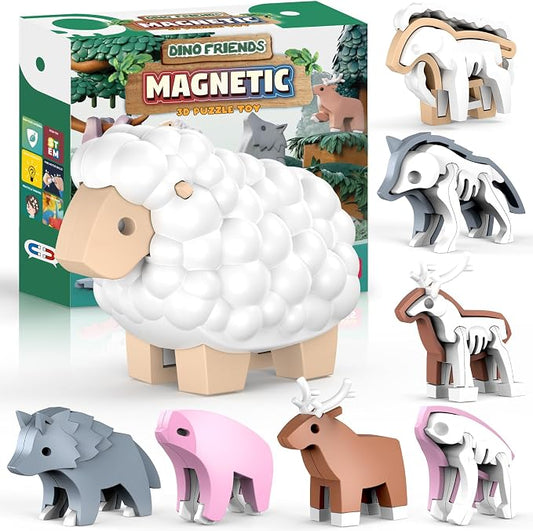 Magnetic Animal Building Toys, STEM Toddler Learning Toys 3D Puzzle Animals for Boys Girls, Educational Magnetic Travel Montessori Toy Sheep Wolf Reindeer Sloth,Unique Birthday Gift for Kids 3 4 5 6 7