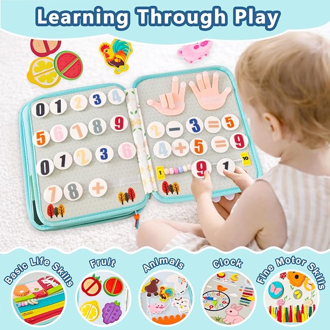 Busy Book for Toddlers 1-3, Montessori Toys Busy Board for Boy Girl Gifts | Quiet Activity Books for Baby, Toddler Travel Toys for Car Airplane, Learning Fine Motor Skills