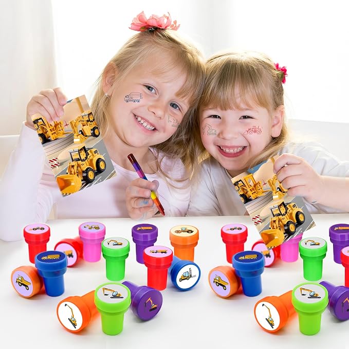 Cinrobiye 24 Pcs Construction Stampers Party Favor Set, Cute Building Site Stamps for Kids Birthday Party, Classroom Rewards, Educational Toys, Goody Bag Fillers, Construction Themed Party Supplies