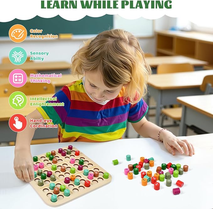 Wooden Sudoku Board Game: Math Brain Teaser Puzzle Desktop Game Train Logical Thinking Ability with 81 Pegs for Teenagers, Adult & Seniors Brain Stimulation Toys, Party Favors & Stress-Relief