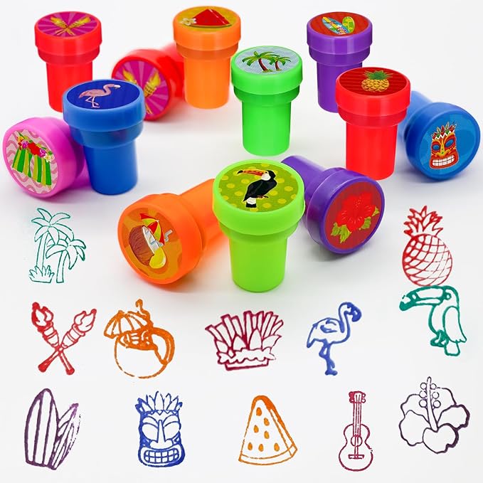 Cinrobiye 24 Pcs Hawaiian Luau Stampers for Kids, Tropical Party Favor Set, Hawaii Theme Stampers with Palm Tree Hibiscus Surf Designs, Luau Birthday Party Supplies, Classroom Rewards, Goody Bags
