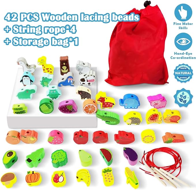 46 PCS Wooden Lacing Beads,Animals Fruits Threading Toys | Preschool Learning Lacing Toys,Montessori Educational Stringing Threading Beads Toys for Kids 3 4 5 6 Year Old Boys Girls