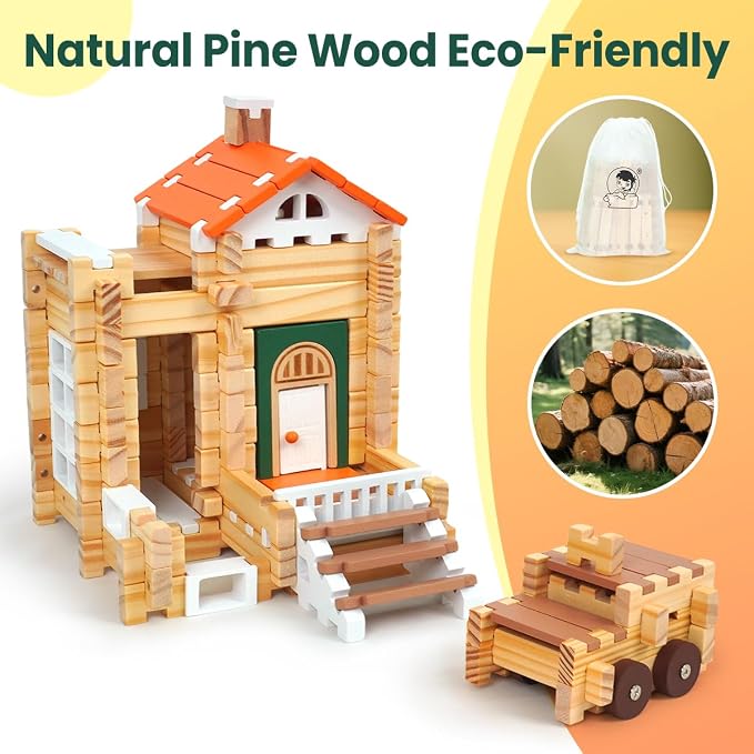 Jovi-mindly＆Notchies New 206 PCS Wooden Blocks Wooden Toys with House and Car, Preschool Learning Toys Wood Blocks Building for Kids Ages 4-8 Creative Construction Game,Birthday Toys Gifts