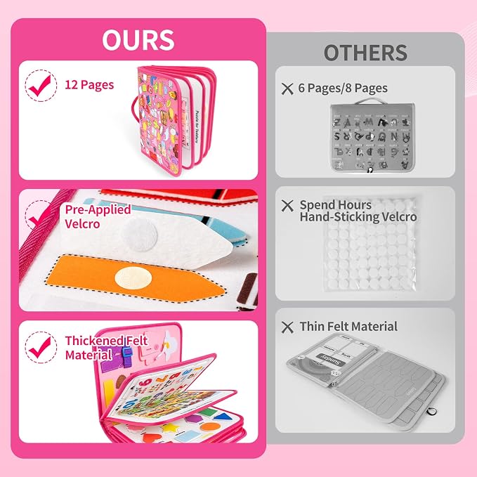 Toddler Busy Board, Montessori Busy Book, Quiet Educational Activity Book | 12-Page Learning Sensory Toys for Motor Skills, Toddlers Travel Toy for Car Airplane, Girl Kids Birthday Gifts (Pink)