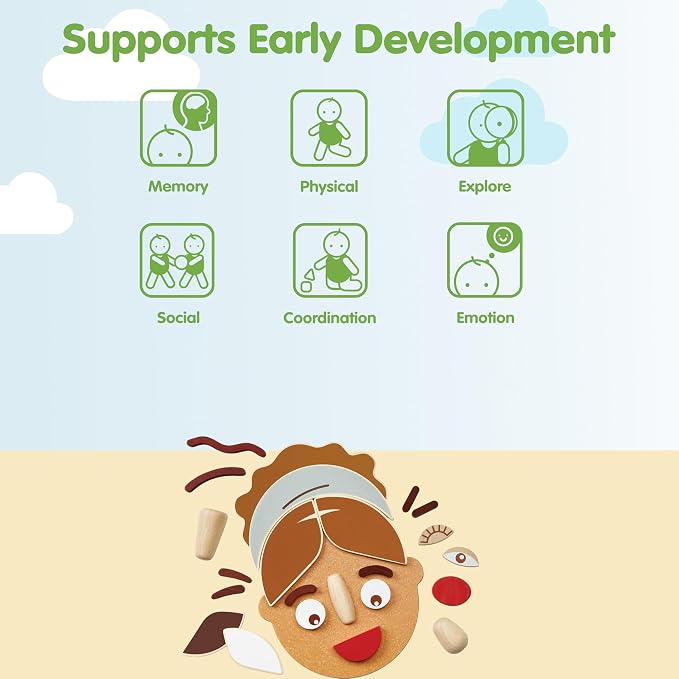PlanToys® Wooden Build A Face Play Set Montessori Social Emotional Kids Toy | face pieces, sensory toys, girls, boys, emotional expression, creative fine motor gift preschool learning family fun set