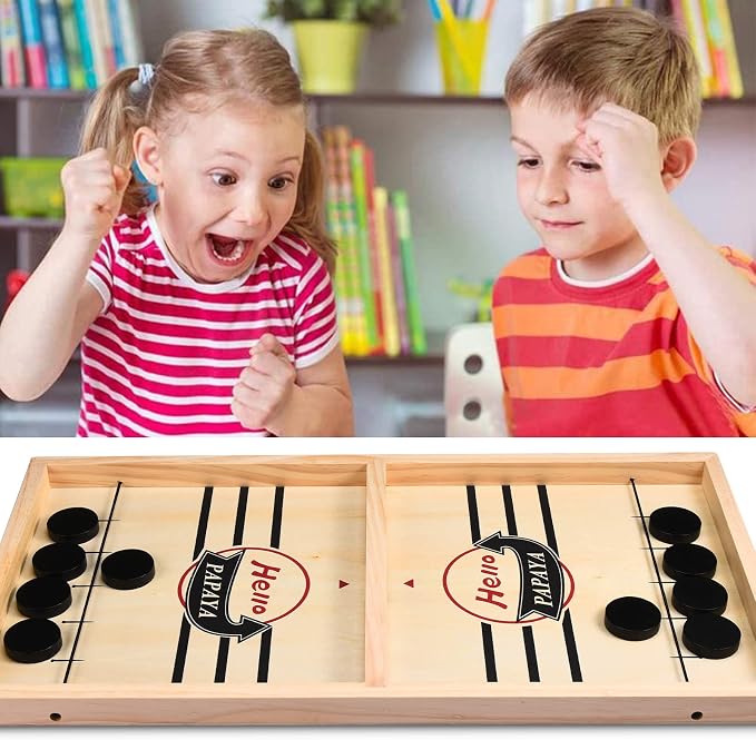 HELLO PAPAYA Fast Sling Puck Game - Test Your Speed and Accuracy with This Fast-Paced Wooden Air Hockey Desktop Battle Board Game - Guaranteed Fun Gifts for Family Night or Friends Party