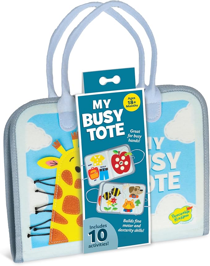 Peaceable Kingdom My Busy Tote Soft Book | My Busy Tote. Includes 10+ Fine Motor Learning Activities – Features snaps and zippers. Ages 18+.