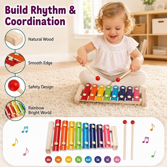 6-in-1 Montessori Baby Toy Set with Wooden Shape Sorter Xylophone Teether | 5 Stacking Rings, 6 Building Blocks, 20 Shape Blocks, Sensory Cube, Stacking, Sorting, Matching, Fine Motor Play, Baby Gift