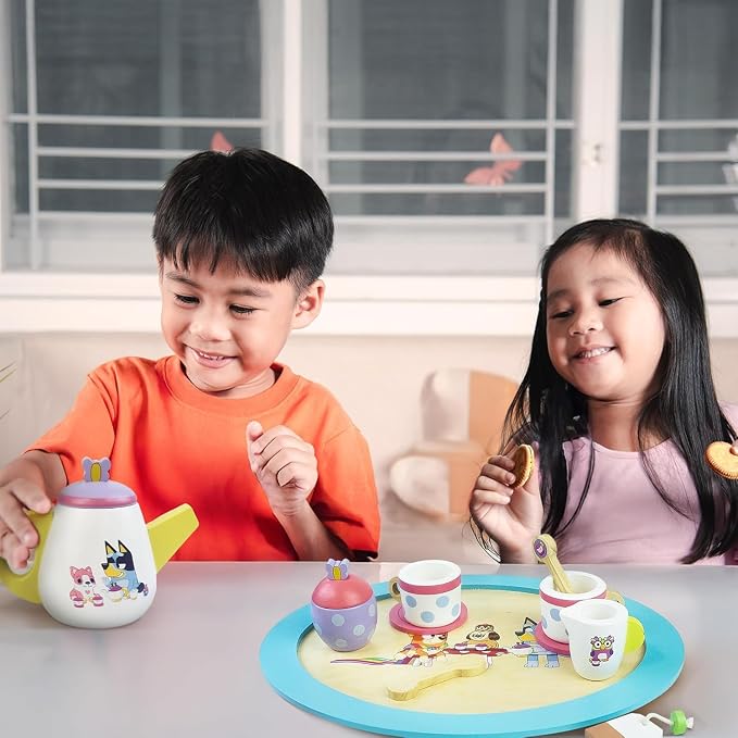 Bluey Wooden Tea Party Set, 18-Piece Toy Tea Set for Toddlers | Includes tray, teapot, cups & more for pretend play; durable wooden Bluey toy for kids ages 3+