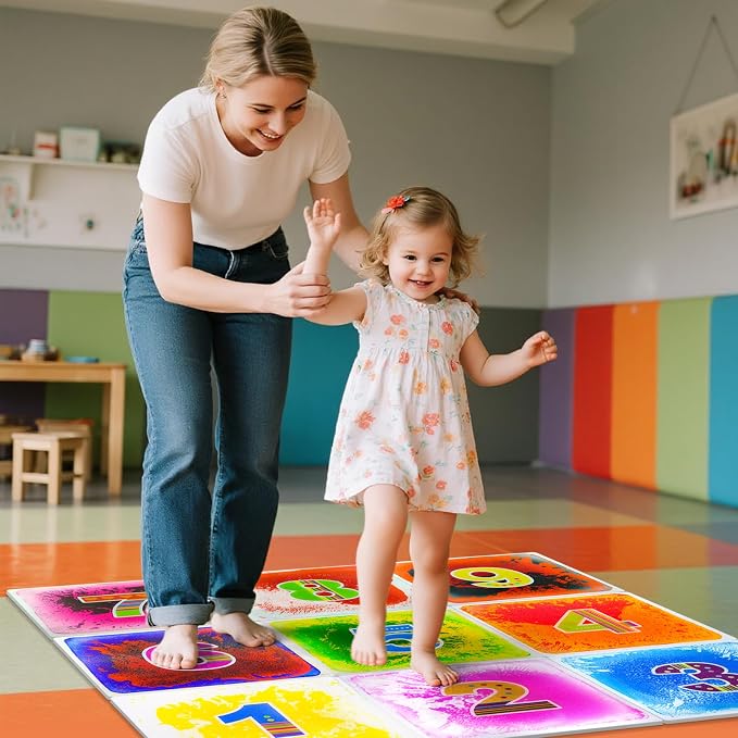 Sensory Floor Tiles for Preschool: 12" Liquid Number Mats, 10 Pack | Interactive Learning Tiles for Counting, Number Recognition, Visual Tracking, Stepping Games, and Classroom Activities