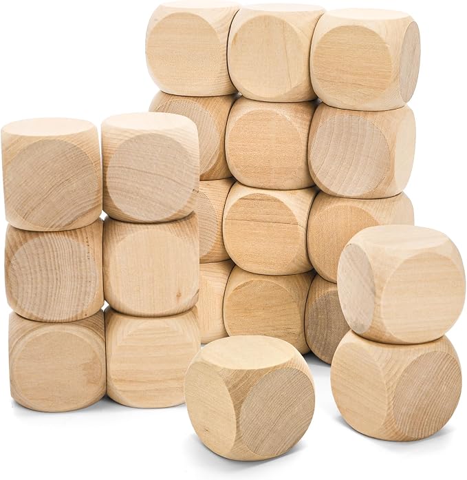 20 Pcs Blank Wooden Dice, 2 inch Unfinished Square Blocks, Blank 6 Sided Wood Cubes with Rounded Corners for Building Blocks, DIY Craft Projects, Party Supplies