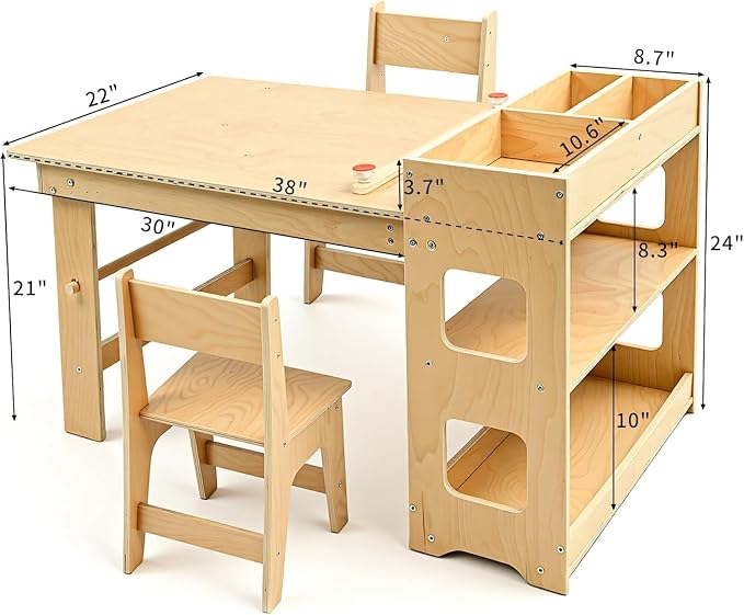 5-in-1 Kids Art Table and Chairs, Toddler Table and 2 Chairs Set FSC | Wooden Kids Craft Table with Storage Cabinet, Art Desk Activity Sensory Table with Paper Holder for Playroom Ages 2-12 Gifts