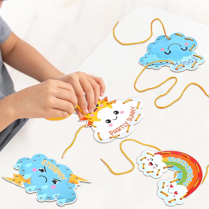 Funrous 10 Pieces Kids Recognition Lacing Cards,Weather | Thick Cardboard Educational Sewing Cards, Double Sided Lacing Playing Games, For Preschool Developing Imagination Supplies