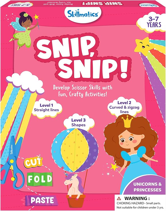 Skillmatics Snip Snip Unicorns & Princesses, Scissor Skills, Felt Craft Kit | Cutting Activity, Safety Scissors, Fine Motor Skills for Preschool, Screen-Free, Learning Toy, Girls & Boys Ages 3, 4, 5, 6