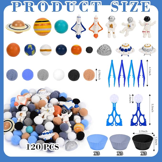 Sanixn 152 Pcs Space Sensory Bin Fillers Outer Space Fine Motor Skills Astronauts Sensory Bin Item Pompoms Cups Tweezers Scissor Clips for Preschool Education Activities Sorting Counting(Space)