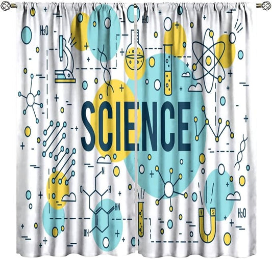 Science Symbols Kids Curtain Sketches Cartoon Chemistry Physics Geometry Education Pattern Print Window Drapes for Bedroom Living Room Kitchen Decor,2 Panel Set,84x84 Inch Blackout