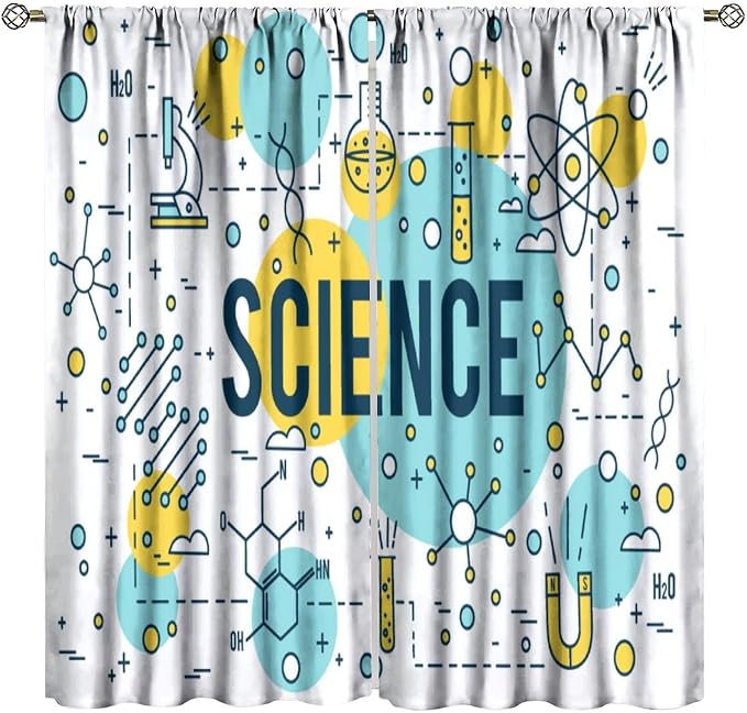 Science Symbols Kids Curtain Sketches Cartoon Chemistry Physics Geometry Education Pattern Print Window Drapes for Bedroom Living Room Kitchen Decor,2 Panel Set,52x84 Inch Blackout