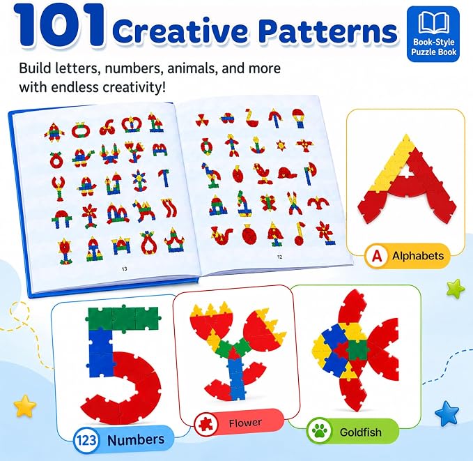 PRE-WORLD Pattern Blocks, 30 Pcs Interlocking Geometric Puzzle Kids 3+,IQ Puzzle Book, 101 Patterns, Non-Toxic Plastic, Math & Geometry Learning, Portable Storage for Home, Travel, Classroom
