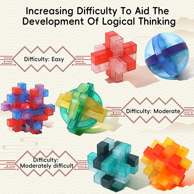 6 PCS Colorful Translucent ABS Luban Lock Set, Brain Teaser Puzzles for Kids Teens Adults, Interlocking Disentanglement Mind Puzzles, Montessori STEM Educational Toys, Mini Desk Puzzle Game